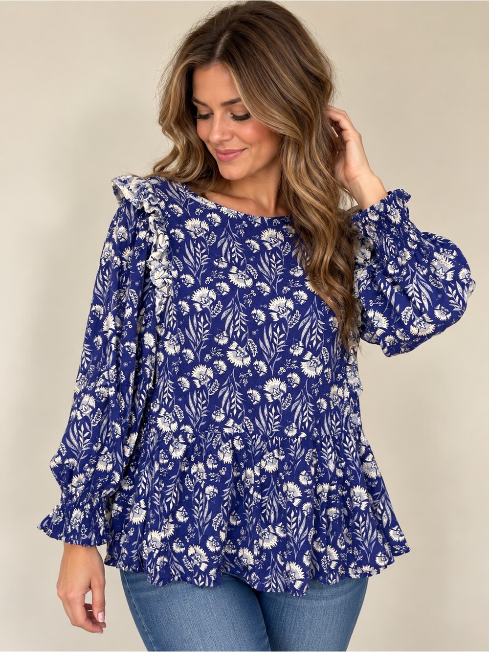 Universal Thread Blue Floral Ruffle Peplum Blouse L
